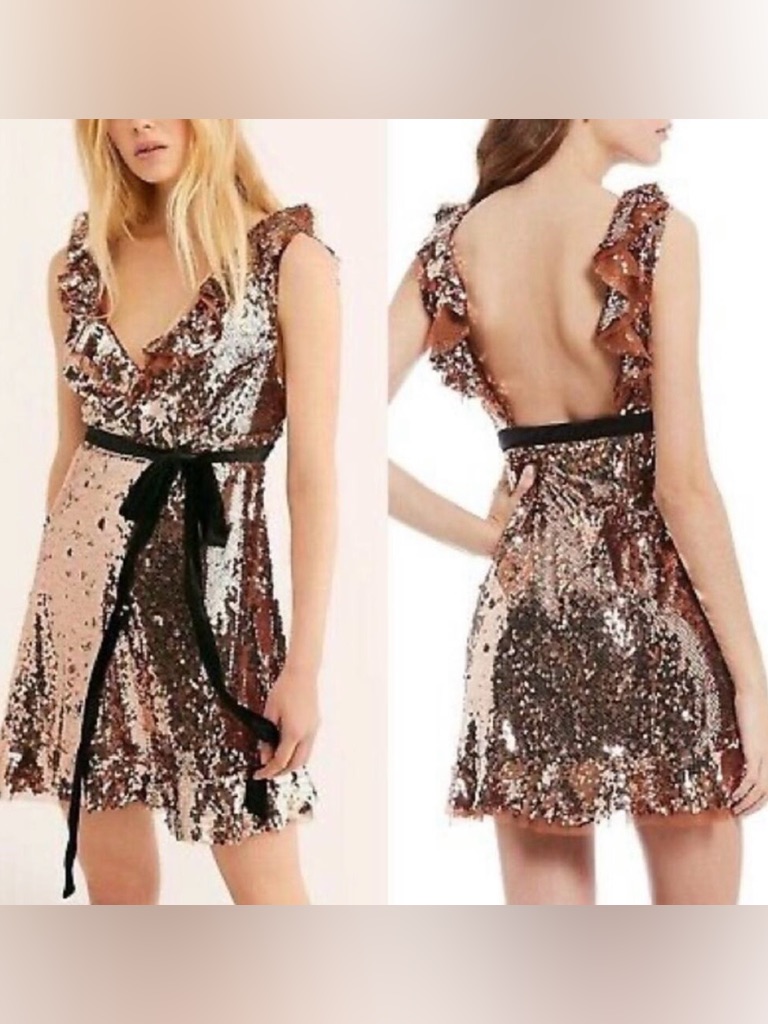Free People Tribeca Bronze Sequin Ruffle Siren Mini Dress W/Velvet Belt. Sz 8